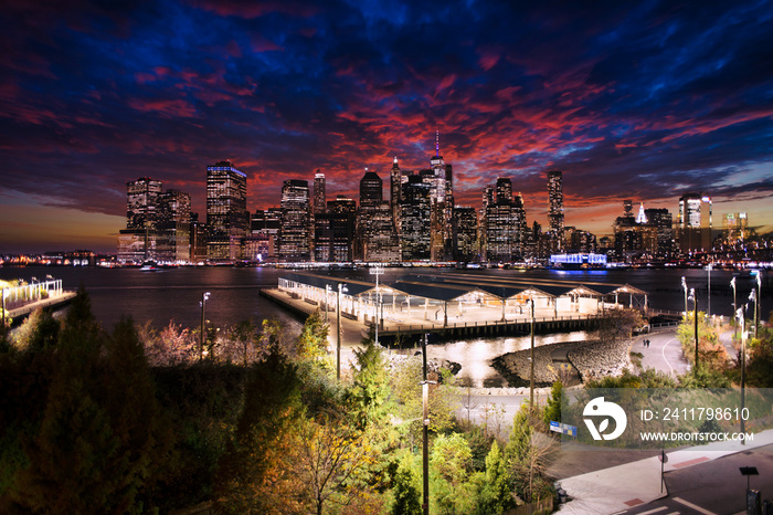 New York Manhattan skyline by night seen from Brooklyn heights