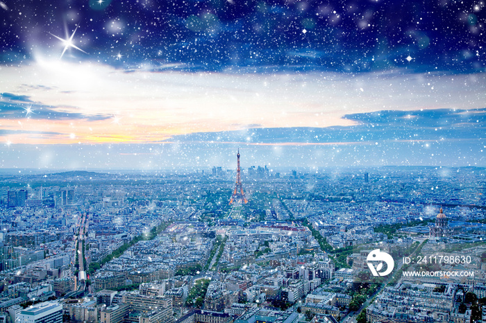 snowfall over Paris winter Christmas background