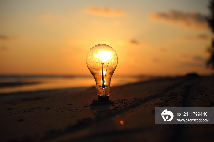 electric light bulb and sun at beach sunset sky