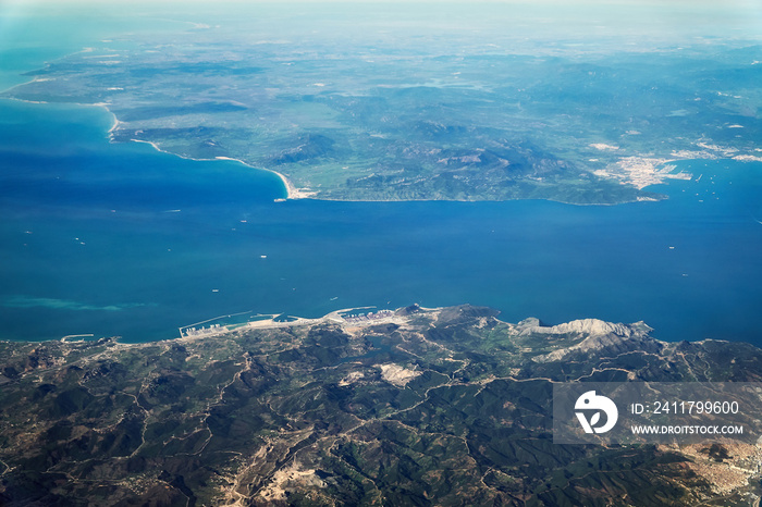 Aerial view of the Strait of Gibraltar connecting Atlantic ocean with Mediterranean sea