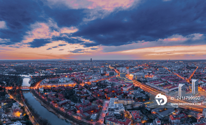 Wrocław evening panorama aerial view