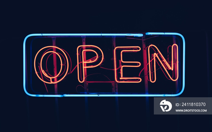 OPEN  restaurant sign in night time with blank copy space, black background