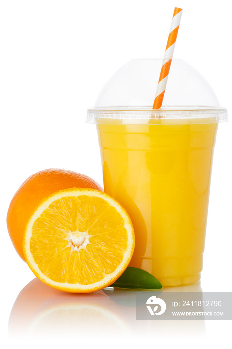 Orange fruit juice smoothie drink oranges in a cup isolated on white