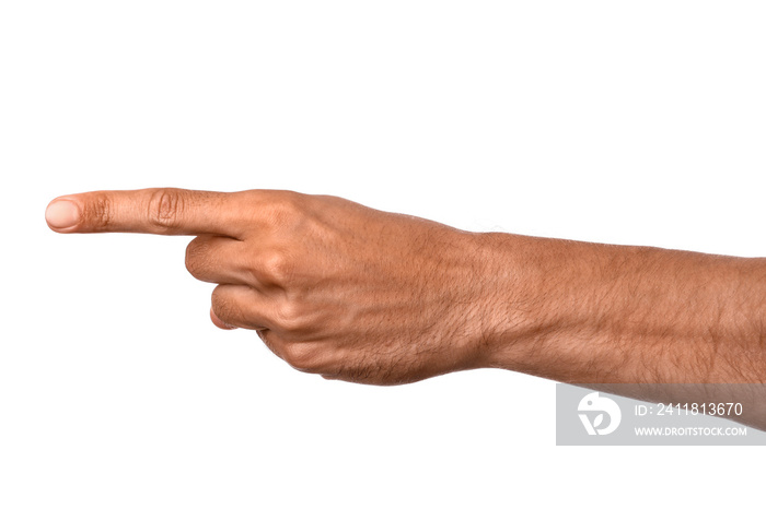 Male hand pointing at something on white background