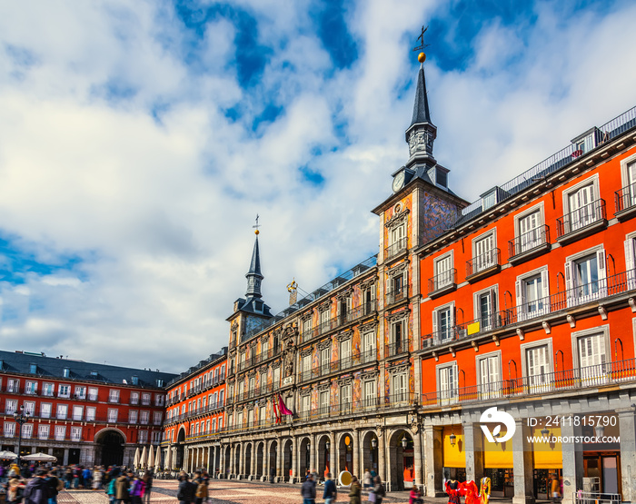 Clouds over famous Plaza Mayor in downtown Madrid