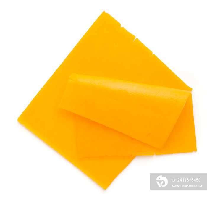 Cheddar cheese slice isolated on the white background.