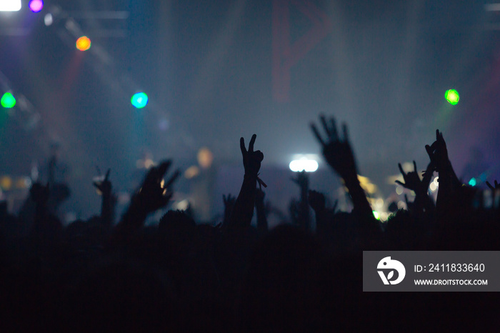 Concert crowd attending a concert, people silhouettes are visible, back lit by stage lights. Raised 