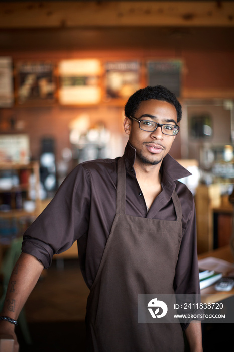 Portrait of man wearing apron standing in cafe