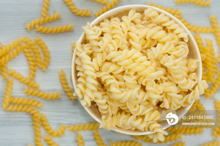 Fusilli pasta in a bowl.