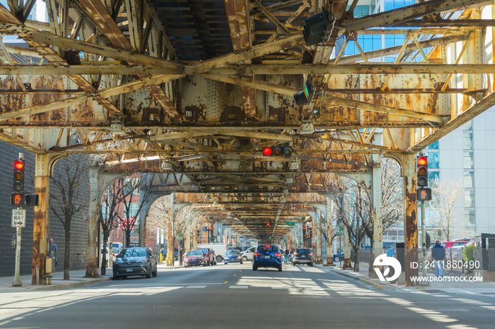 Street view of Chicago downtown under elevated train station in Chicago,USA