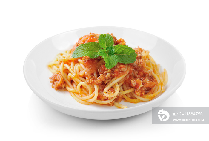 spaghetti pasta with tomato beef sauce in plate on white background