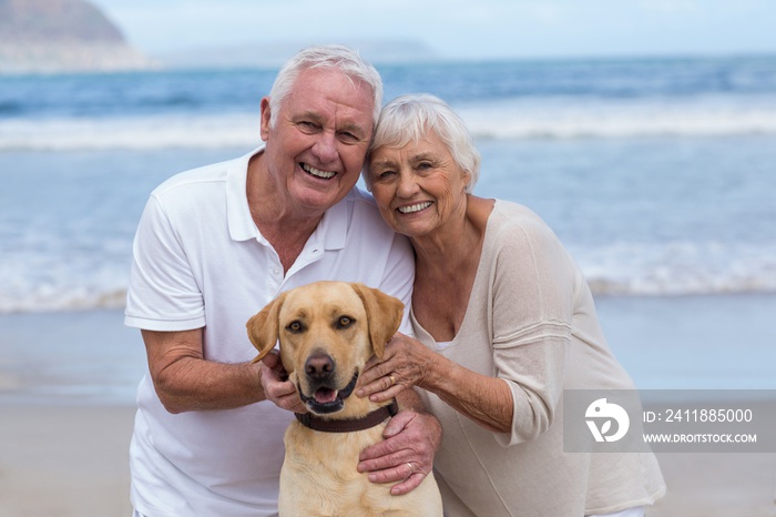 Senior couple playing with their dog on the beach