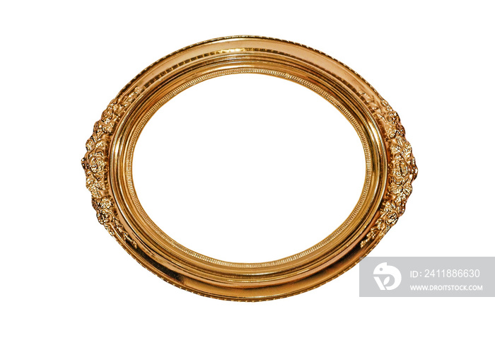Golden oval picture frame isolated on white.