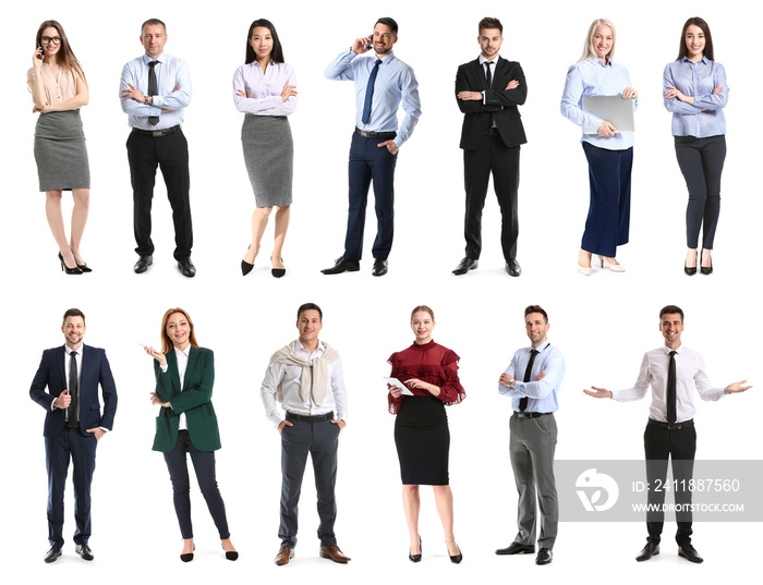 Collage with stylish business people on white background