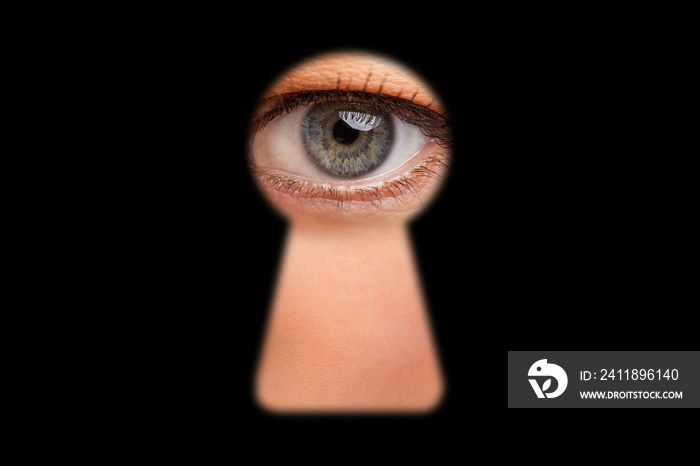 Eye of person looking through keyhole in doors