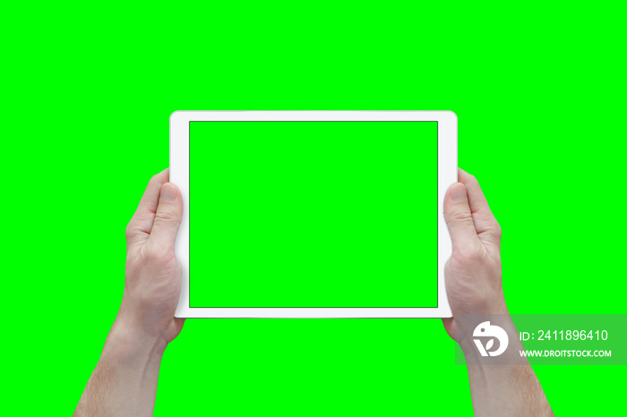 Hands hold white tablet in a horizontal position. View from first person. Isolated screen and backgr