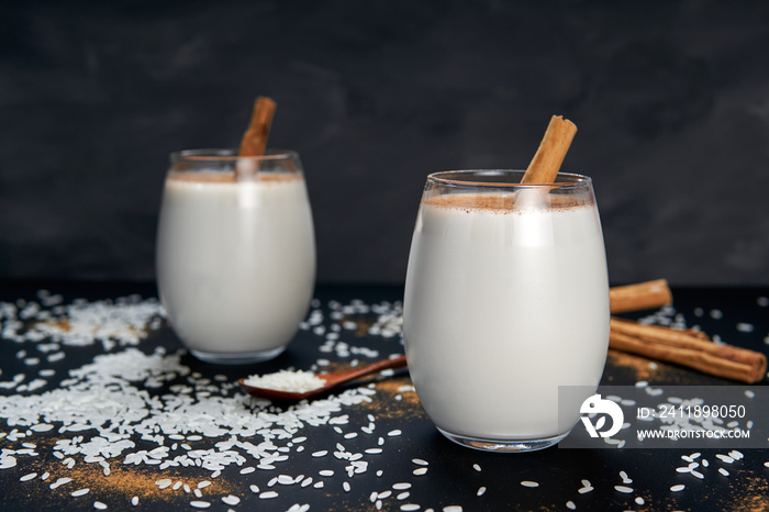 Horchata with cinnamon in the top (Rice water). Valencian Horchata made with rice, mink and cinnamon