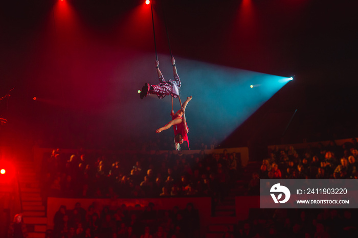 performance of aerialists in the circus arena.