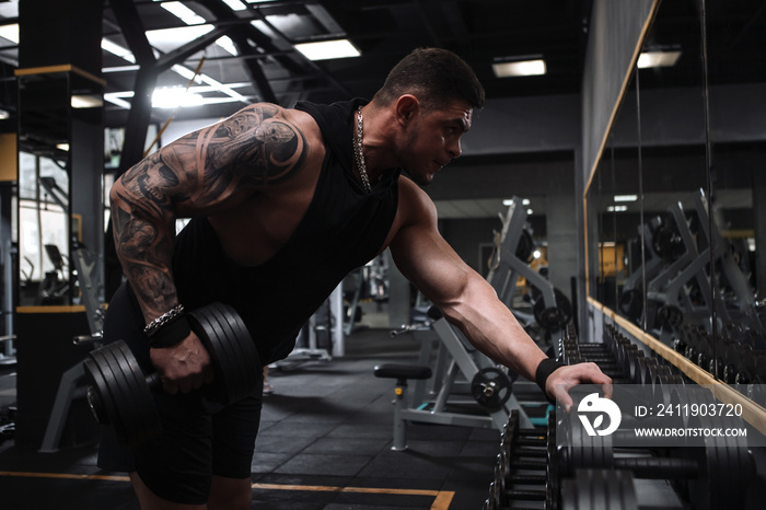 Strong tattooed bodybuilder working out with heavy dumbbells at the gym