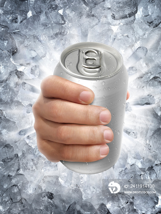 Aluminum cans in hand, on a Ice broken splash background