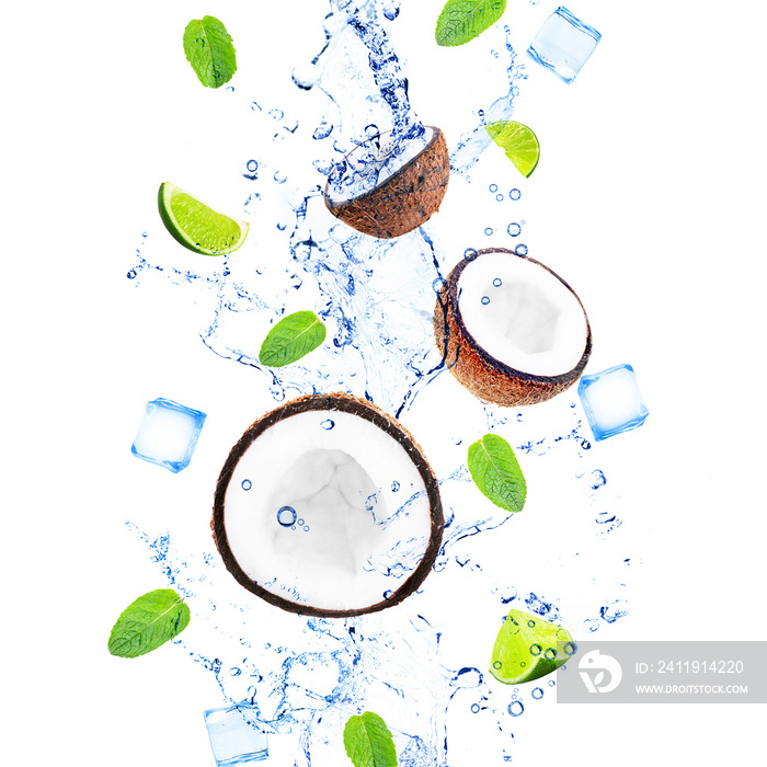 Coconuts, slices of limes with mint leaves in water splashing isolated on white