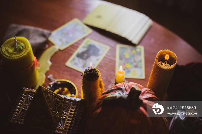 Mystical atmosphere, view of tarot card on the table, esoteric concept, fortune telling and predicti