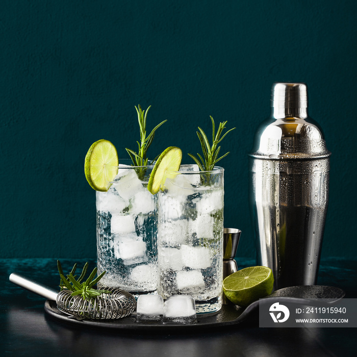 classic gin and tonic cocktail with rosemary sprigs in tall glasses on a table with bar accessories