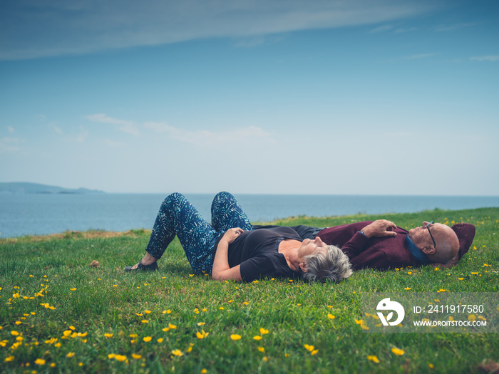 老年夫妇在海边放松