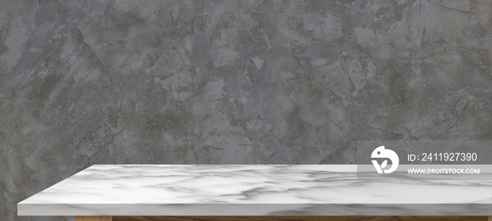 Empty marble top table with dark abstract cement wall background for product display montage.