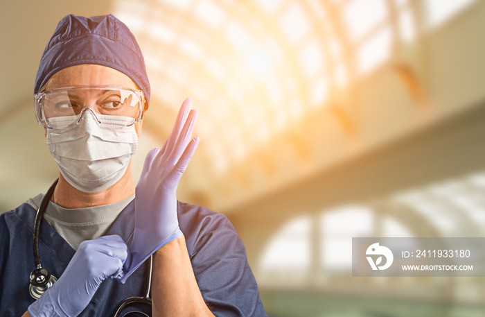 Female Doctor or Nurse Wearing Protective Face Mask and Surgical Gloves In Hospital