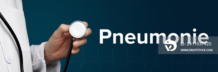 Pneumonie. Arzt im Kittel hält Stethoskop. Der Begriff Pneumonie steht daneben. Symbol für Medizin, 