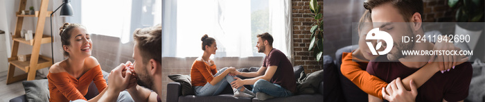 collage of young couple embracing, holding hands and talking while sitting on sofa, banner