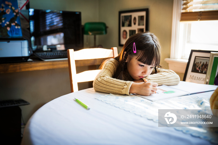 Girl doing her homework in living room