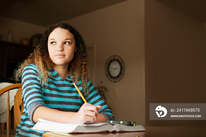 Teenage girl (16-17) studying at table