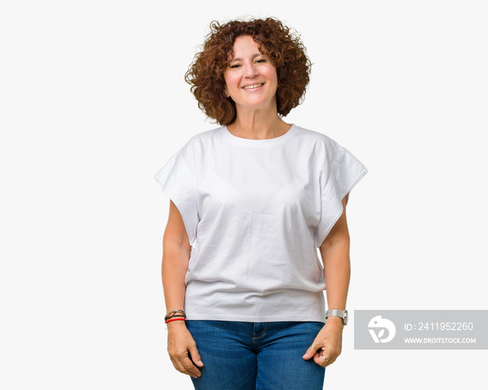 Beautiful middle ager senior woman wearing white t-shirt over isolated background with a happy and c