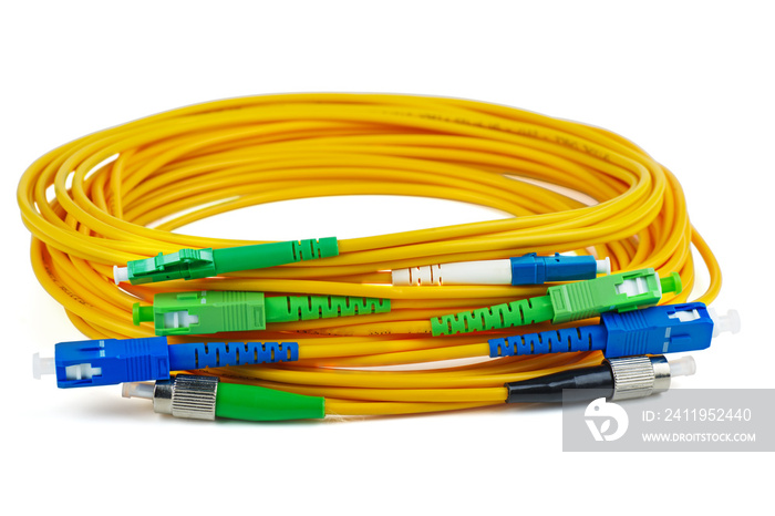 Fiber optic patch cord cables on white background