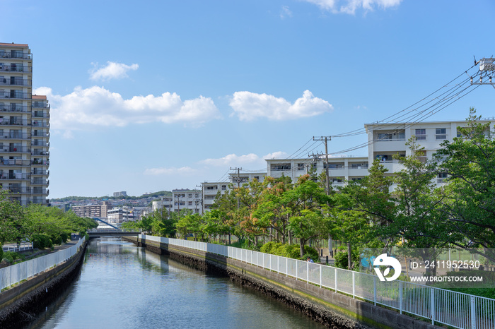 川沿いのマンションの風景