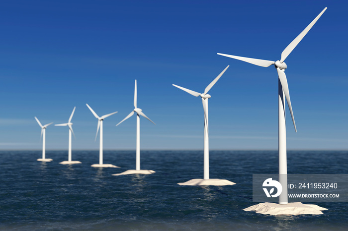 替代能源概念。海洋中的风车。三维渲染