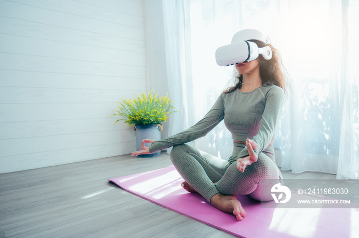 the metaverse concept of woman doing yoga with VR goggle