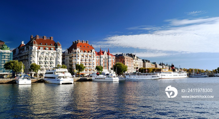 Wide view on the harbor part of Stockholm city. Sweden