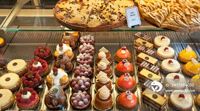 French pastries on display a confectionery shop