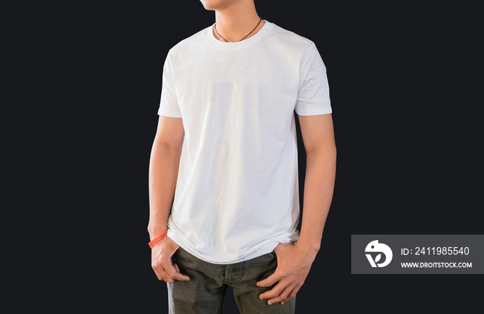 Shirt design and people concept - close up of young man in blank white tshirt front and rear isolate