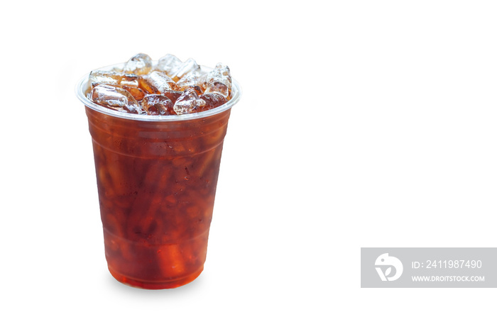 Ice americano coffee in PET plastice glass, fresh beverage with small ice refreshment in morning, is