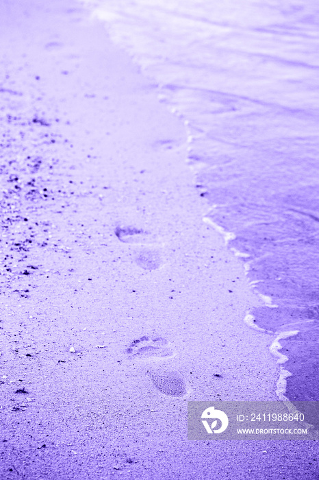 Closeup macro shot of feet traces footprints on sand  beach by sea ocean water wave. Natural concept