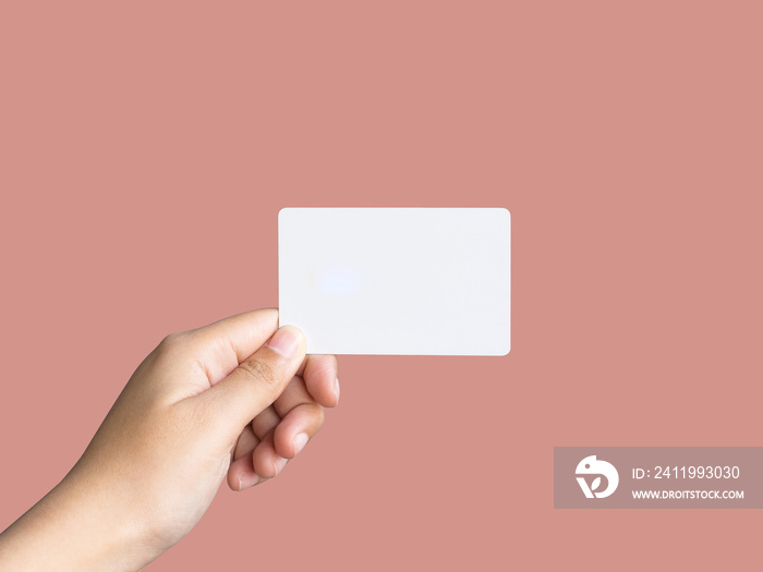 Holding up  white business card mockup   on pastel color background.