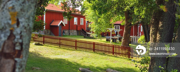 Village in a green forest. Traditional house colored with falu red dye, summer garden. Björkö island