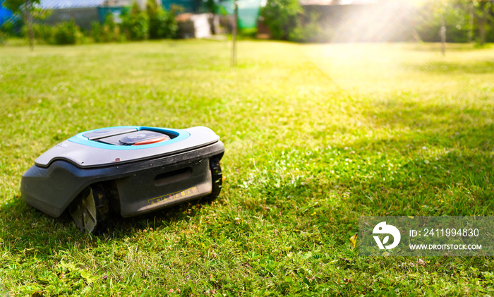 草地上的新型现代机器人割草机。园丁设备。