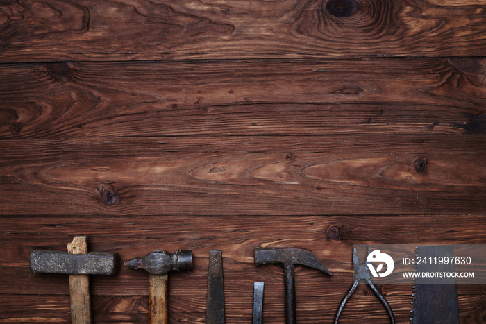 Close-up of old hand tools with copy space