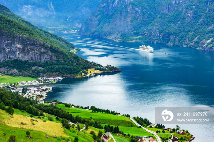 Breathtaking view of Sunnylvsfjorden fjord and cruise ship, near Geiranger village in western Norway