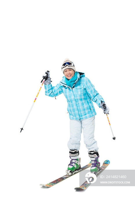 快乐的老年人冬季滑雪